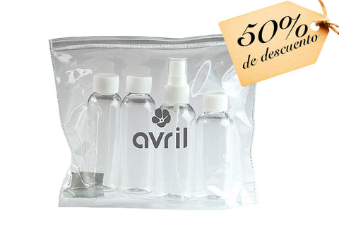 Avril: Toilet Bag + 4 Bottles to fill for plane (Neceser de botes rellenables para viaje)